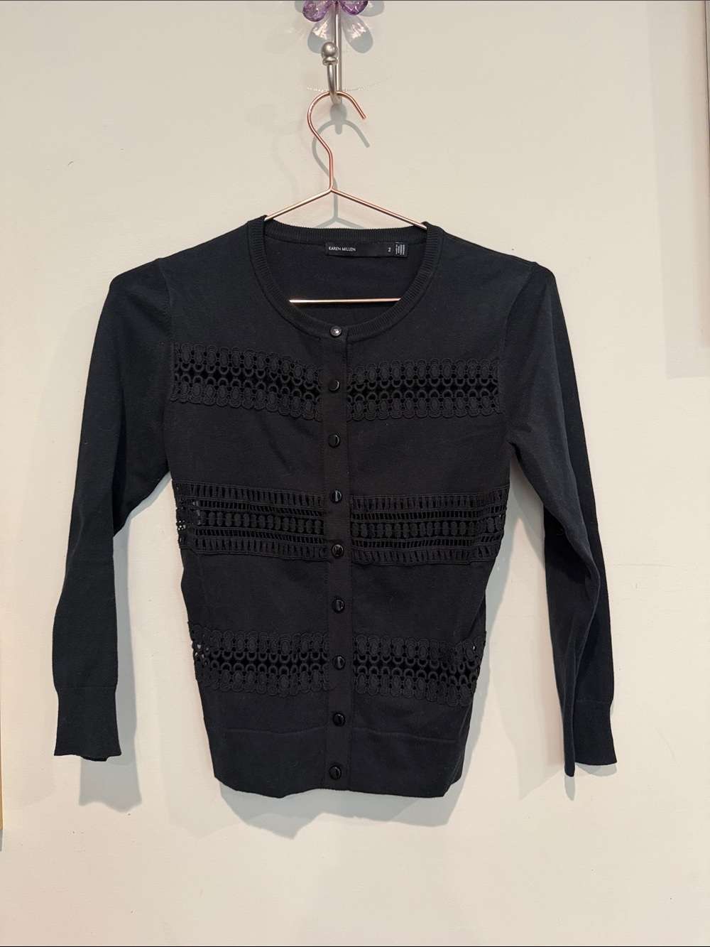 Karen Millen Black Crochet-Trim Knit Cardigan